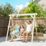 Outsunny 3 Seat Wooden Porch Swing with Stand, Patio Swing with Side Tables, for Garden, Poolside, Backyard, Natural Wood - Image 2