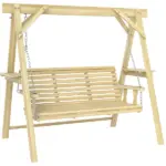 Outsunny 3 Seat Wooden Porch Swing with Stand, Patio Swing with Side Tables, for Garden, Poolside, Backyard, Natural Wood - Image 11