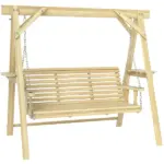 Outsunny 3 Seat Wooden Porch Swing with Stand, Patio Swing with Side Tables, for Garden, Poolside, Backyard, Natural Wood
