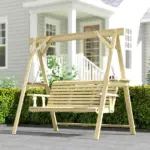 Outsunny 3 Seat Wooden Porch Swing with Stand, Patio Swing with Side Tables, for Garden, Poolside, Backyard, Natural Wood - Image 9