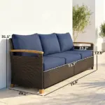 3 Seater Outdoor Couch Sofa, PE Wicker Patio Sofa, Wide Deep Seat, 4" Cushions, Wood-Effect Armrests Legs, Dark Blue - Image 2