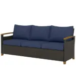 3 Seater Outdoor Couch Sofa, PE Wicker Patio Sofa, Wide Deep Seat, 4" Cushions, Wood-Effect Armrests Legs, Dark Blue