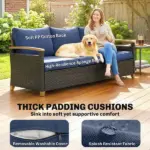 3 Seater Outdoor Couch Sofa, PE Wicker Patio Sofa, Wide Deep Seat, 4" Cushions, Wood-Effect Armrests Legs, Dark Blue - Image 3