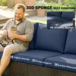3 Seater Outdoor Couch Sofa, PE Wicker Patio Sofa, Wide Deep Seat, 4" Cushions, Wood-Effect Armrests Legs, Dark Blue - Image 4