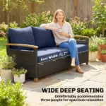 3 Seater Outdoor Couch Sofa, PE Wicker Patio Sofa, Wide Deep Seat, 4" Cushions, Wood-Effect Armrests Legs, Dark Blue - Image 5