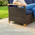 3 Seater Outdoor Couch Sofa, PE Wicker Patio Sofa, Wide Deep Seat, 4" Cushions, Wood-Effect Armrests Legs, Dark Blue - Image 7