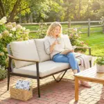 Outsunny 3 Seater Outdoor Patio Sofa, Outdoor Couch with Wood-Effect Armrests, Wicker Backrest, Cushions for Garden Yard, Khaki - Image 2