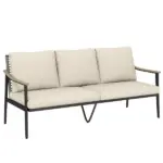 Outsunny 3 Seater Outdoor Patio Sofa, Outdoor Couch with Wood-Effect Armrests, Wicker Backrest, Cushions for Garden Yard, Khaki - Image 11