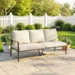 Outsunny 3 Seater Outdoor Patio Sofa, Outdoor Couch with Wood-Effect Armrests, Wicker Backrest, Cushions for Garden Yard, Khaki - Image 3