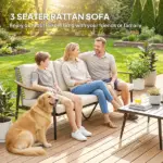 Outsunny 3 Seater Outdoor Patio Sofa, Outdoor Couch with Wood-Effect Armrests, Wicker Backrest, Cushions for Garden Yard, Khaki - Image 4
