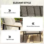 Outsunny 3 Seater Outdoor Patio Sofa, Outdoor Couch with Wood-Effect Armrests, Wicker Backrest, Cushions for Garden Yard, Khaki - Image 5