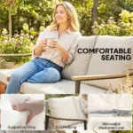 Outsunny 3 Seater Outdoor Patio Sofa, Outdoor Couch with Wood-Effect Armrests, Wicker Backrest, Cushions for Garden Yard, Khaki - Image 6