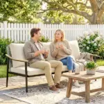 Outsunny 3 Seater Outdoor Patio Sofa, Outdoor Couch with Wood-Effect Armrests, Wicker Backrest, Cushions for Garden Yard, Khaki - Image 8