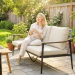 Outsunny 3 Seater Outdoor Patio Sofa, Outdoor Couch with Wood-Effect Armrests, Wicker Backrest, Cushions for Garden Yard, Khaki - Image 9