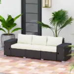3 Seater Wicker Outdoor Couch Patio Sofa with Storage, Thickened Cushions and Wide Armrests for Porch Yard, Cream White - Image 9