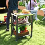 3-Shelf Outdoor Grill Cart with Stainless Steel Tabletop, Movable Pizza Oven Table with Hooks, Side Handle, Wheels - Image 2