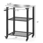 3-Shelf Outdoor Grill Cart with Stainless Steel Tabletop, Movable Pizza Oven Table with Hooks, Side Handle, Wheels - Image 3
