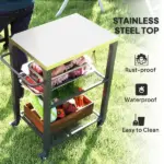 3-Shelf Outdoor Grill Cart with Stainless Steel Tabletop, Movable Pizza Oven Table with Hooks, Side Handle, Wheels - Image 4