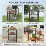 3-Shelf Outdoor Grill Cart with Stainless Steel Tabletop, Movable Pizza Oven Table with Hooks, Side Handle, Wheels - Image 7