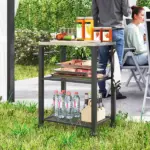 3-Shelf Outdoor Grill Cart with Stainless Steel Tabletop, Movable Pizza Oven Table with Hooks, Side Handle, Wheels - Image 10