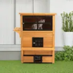 3-Tier Cat House Feral Cat House, Outdoor Kitten Condo with Raised Floor, Asphalt Roof, Escape Door, Jumping Platform, Yellow - Image 9