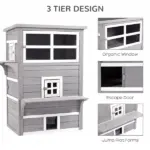 3-Tier Feral Cat House Outdoor Kitten Condo with Raised Floor Asphalt Roof Escape Door Jumping Platform Gray - Image 4