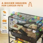 PawHut 3 Tier Hamster Cage, Rolling Rat Cage with Deep Tray, Storage Shelf, Big Exercise Wheel, Hut, Tube System - Image 4