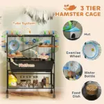 PawHut 3 Tier Hamster Cage, Rolling Rat Cage with Deep Tray, Storage Shelf, Big Exercise Wheel, Hut, Tube System - Image 5