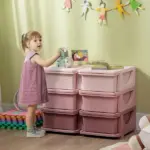 Qaba 3 Tier Kids Storage Unit Pink 6 Drawer Chest Toy Organizer with Plastic Bins for Bedroom Nursery Kindergarten - Image 2