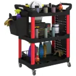 HOMCOM 3-Tier Rolling Tool Cart, 200 LBS Capacity Plastic Utility Cart with Side Shelf and Storage Bucket, Black and Red - Image 11