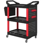 HOMCOM 3-Tier Rolling Tool Cart, 200 LBS Capacity Plastic Utility Cart with Side Shelf and Storage Bucket, Black and Red