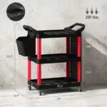 HOMCOM 3-Tier Rolling Tool Cart, 200 LBS Capacity Plastic Utility Cart with Side Shelf and Storage Bucket, Black and Red - Image 3