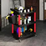 HOMCOM 3-Tier Rolling Tool Cart, 200 LBS Capacity Plastic Utility Cart with Side Shelf and Storage Bucket, Black and Red - Image 8
