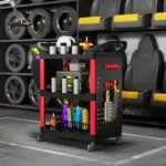 HOMCOM 3-Tier Rolling Tool Cart, 200 LBS Capacity Plastic Utility Cart with Side Shelf and Storage Bucket, Black and Red - Image 10
