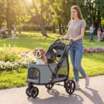 PawHut 3 Wheel Pet Stroller with Easy One-Click Quick Fold, Mesh Window, Washable Cushion, for Medium Dogs, Gray - Image 2