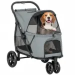 PawHut 3 Wheel Pet Stroller with Easy One-Click Quick Fold, Mesh Window, Washable Cushion, for Medium Dogs, Gray - Image 11