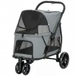 PawHut 3 Wheel Pet Stroller with Easy One-Click Quick Fold, Mesh Window, Washable Cushion, for Medium Dogs, Gray