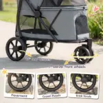 PawHut 3 Wheel Pet Stroller with Easy One-Click Quick Fold, Mesh Window, Washable Cushion, for Medium Dogs, Gray - Image 5