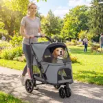 PawHut 3 Wheel Pet Stroller with Easy One-Click Quick Fold, Mesh Window, Washable Cushion, for Medium Dogs, Gray - Image 10