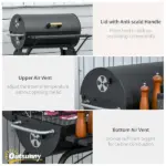 Outsunny 30 Inch Portable Charcoal Barbecue Grill with Wheels Outdoor Barbecue with Adjustable Charcoal Rack, Storage Shelf, for Garden Camping Picnic - Image 8