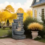 30 Inch 4 Tier Outdoor Resin Water Fountain with LED Lights and Pump, Gray - Image 9