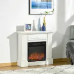HOMCOM 32 Inch Electric Fireplace with Mantel, Freestanding Heater with LED Log Flame, Overheat Protection and Remote Control, 1400W, White - Image 2