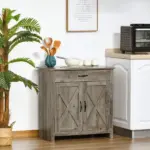 HOMCOM 32" Farmhouse Sideboard Buffet Cabinet, Barn Door Style Coffee Bar for Kitchen, Living Room or Entryway, Gray Wash - Image 2