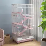 32 Inch 6 Level Small Animal Cage with Wheels and Slide Out Tray, Pink - Image 8