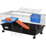 35L Bunny Hutch Rolling Small Animal Cage Guinea Pig Home with Food Dish Water Bottle Hay Feeder Ramp Black