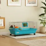 35"L Small Animal Cage, Rolling Bunny Cage, Guinea Pig Cage with Wheels, Food Dish, Water Bottle, Hay Feeder, Blue - Image 2