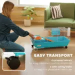 35"L Small Animal Cage, Rolling Bunny Cage, Guinea Pig Cage with Wheels, Food Dish, Water Bottle, Hay Feeder, Blue - Image 5