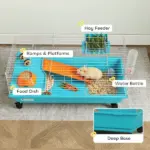 35"L Small Animal Cage, Rolling Bunny Cage, Guinea Pig Cage with Wheels, Food Dish, Water Bottle, Hay Feeder, Blue - Image 6