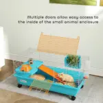35"L Small Animal Cage, Rolling Bunny Cage, Guinea Pig Cage with Wheels, Food Dish, Water Bottle, Hay Feeder, Blue - Image 7