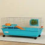 35"L Small Animal Cage, Rolling Bunny Cage, Guinea Pig Cage with Wheels, Food Dish, Water Bottle, Hay Feeder, Blue - Image 8